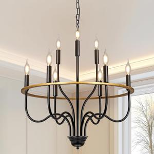 Black Wagon Wheel Chandelier for High Ceilings,Farmhouse Chandelier for Dining Room Height Adjustable,r for Hallway Living Room Foyer,E12 Bulb.