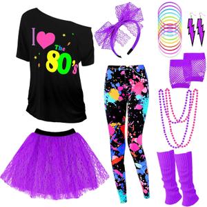 Vabean 19 Pcs 80s Costume Set T Shirt Leggings Tutu Skirt Headband Necklace Bracelets Earrings Gloves Leg Warmers for Women (Purple, S)