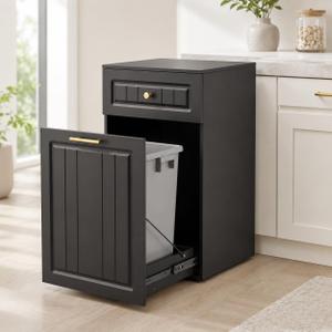 13 Gallon Pull Out Trash Can Cabinet with Drawer
Hidden Wooden Garbage Cabinet for Kitchen, Freestanding Modern Farmhouse Waste Bin Holder, Black