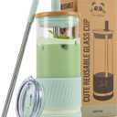 Pandaloo Glass Cups With Lids and Straws -20 Fl Oz- Perfect Size Iced Coffee Cup - Smoothie Cup With Bamboo Lid and On the go Lid (Sweet Sage, 1 Count (Pack of 1)