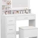 Vanity Table with LED Mirror & Power Outlet - 5 Open Shelves, 4 Drawers - Includes Padded Stool - Ideal Bedroom Makeup Dressing Table White