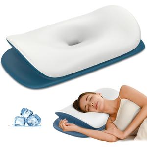 Cervical Neck Pillow for Pain Relief - Ergonomic Memory Foam Contour Pillows for Side, Back & Stomach Sleepers, Cervical Pillow for Neck Support Sleeping with Breathable Cover (Dark Blue)