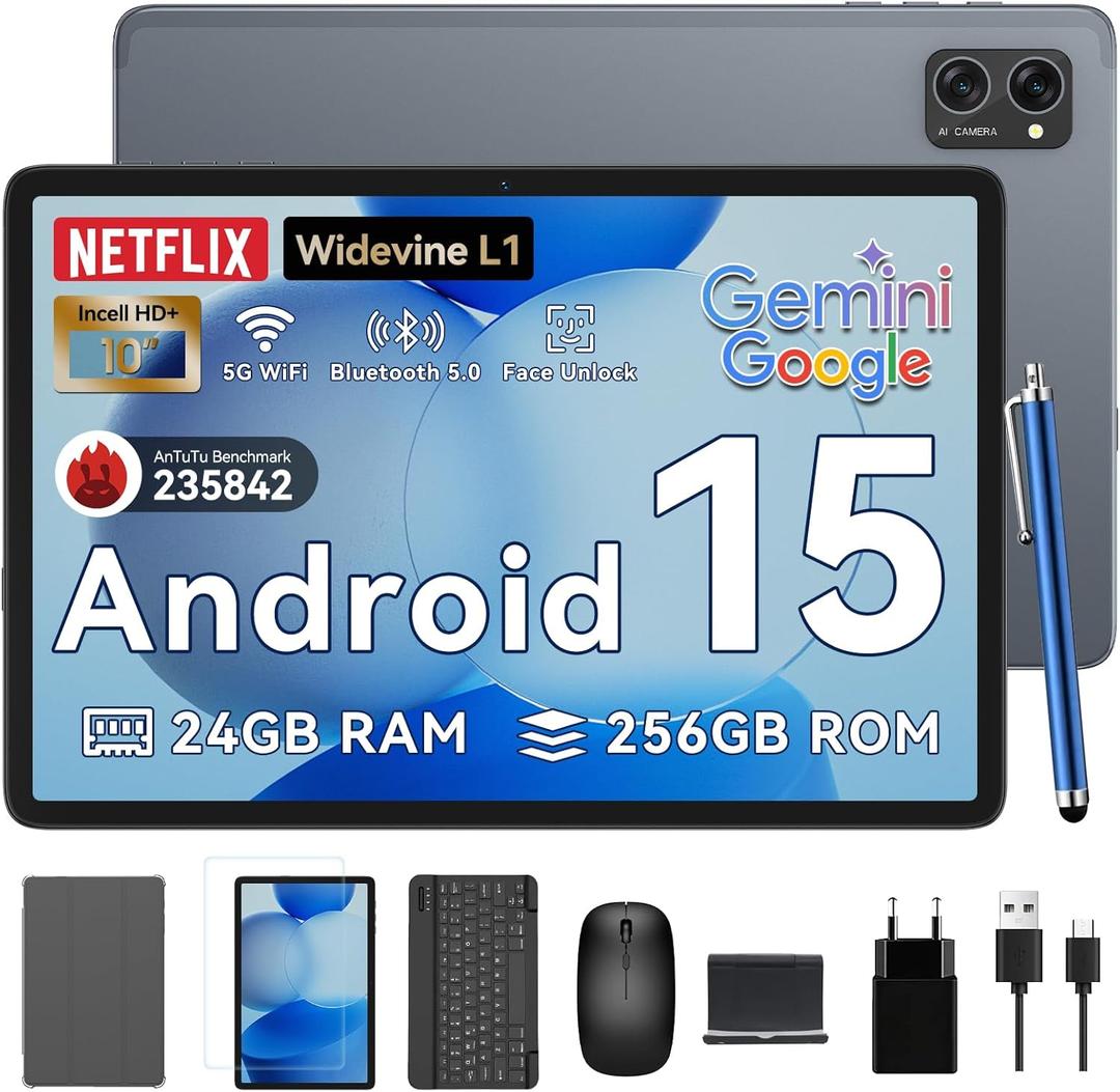 Tablet 2025 Latest Android 15 Tablets with 10.1 Inch Incell Display, 24GB RAM 256GB ROM /2TB TF, Gemini AI, T606 Octa-Core+8MP Camera, 5000mAh, Widevine L1, 2 in 1 Tablets with Keyboard Mouse Stylus (Gray)