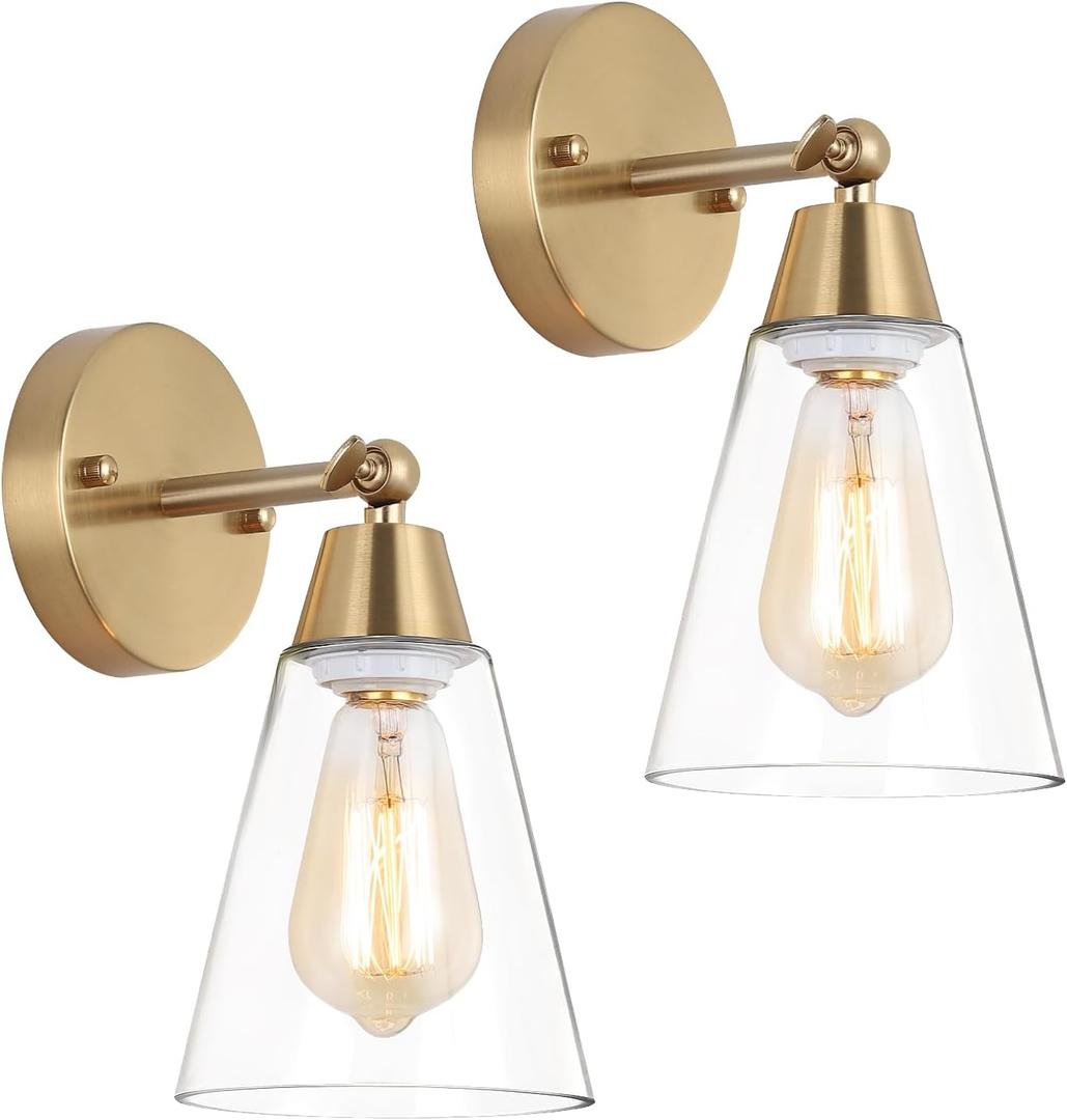 MWZ Gold Wall Sconce Set of 2, Modern Brushed Brass Sconces Lighting with Clear Glass Shade,Bathroom Light Fixtures Over Mirror,Vanity Lights Over Sink,Indoor Wall Mount Adjustable Angle Lamp
