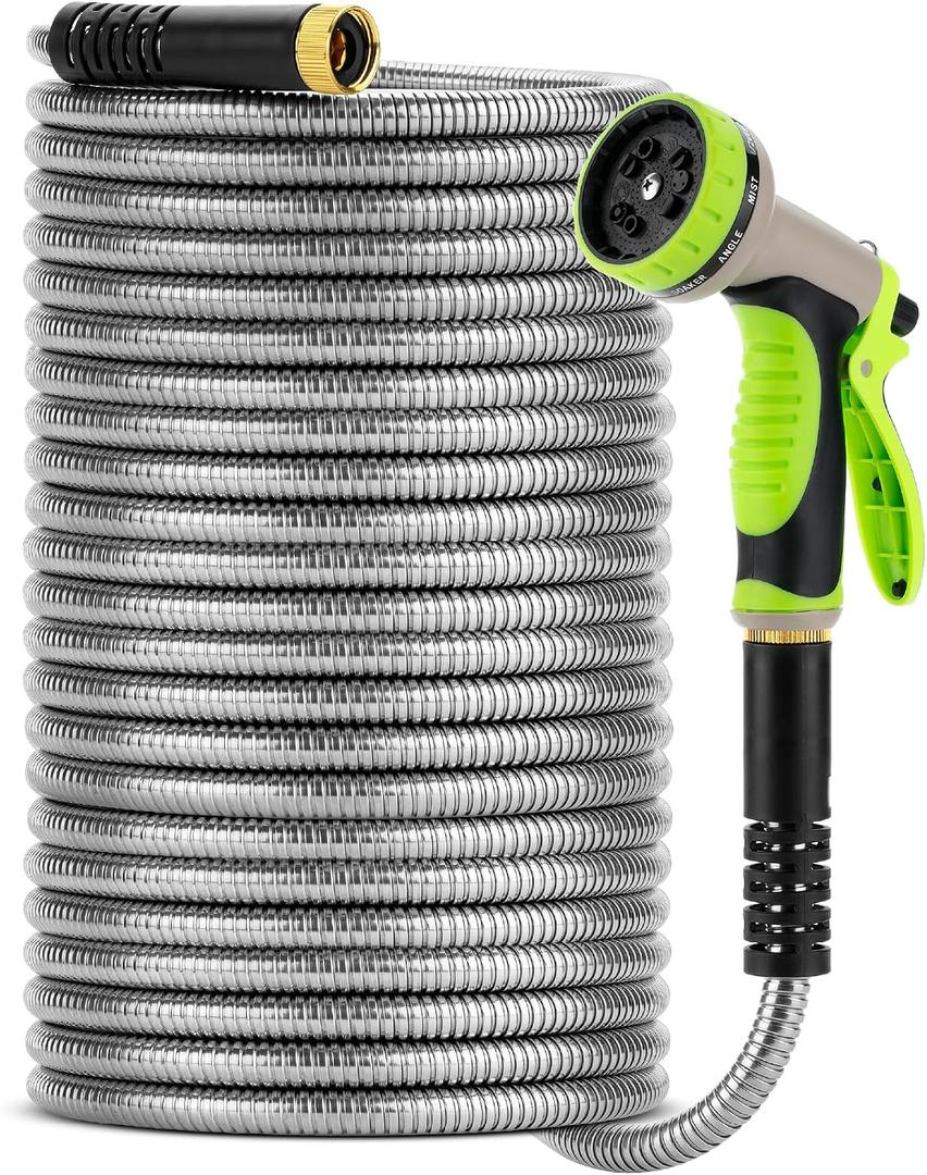 UNCO- Stainless Steel Metal Hose with 10 Functions Spray Nozzle, 100 ft, No Kink, Metal Garden Hose