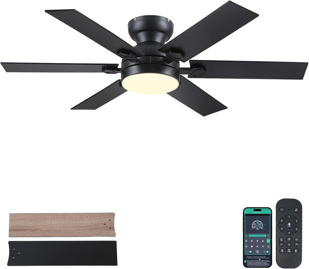 52" Black Low Profile Ceiling Fans with Lights and Remote, Modern Flush Mount Ceiling Fans with Quiet DC Motor, 6 Speeds Reversible, 6 Blades