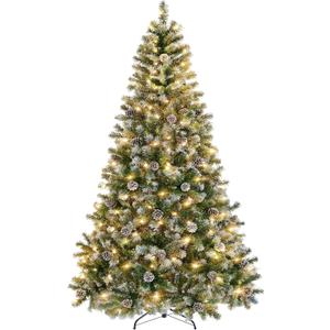 34.6 in Christmas Tree, Snow Flocked Artificial Xmas Tree with Warm White & Multi-Color Lights, Frosted Holiday Tree w/Pine Cones, Branch Tips Christmas Tree for Home Decoration Indoor Outdoor