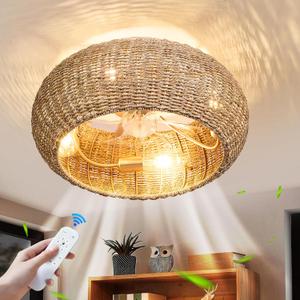 19.7" Boho Caged Ceiling Fan with Lights Remote Control,Flush Mount Rattan Cage Ceiling Fan Chandelier, Farmhouse Ceiling Fans with Light for Kitchen, Bedroom, Dining Room (Gold)