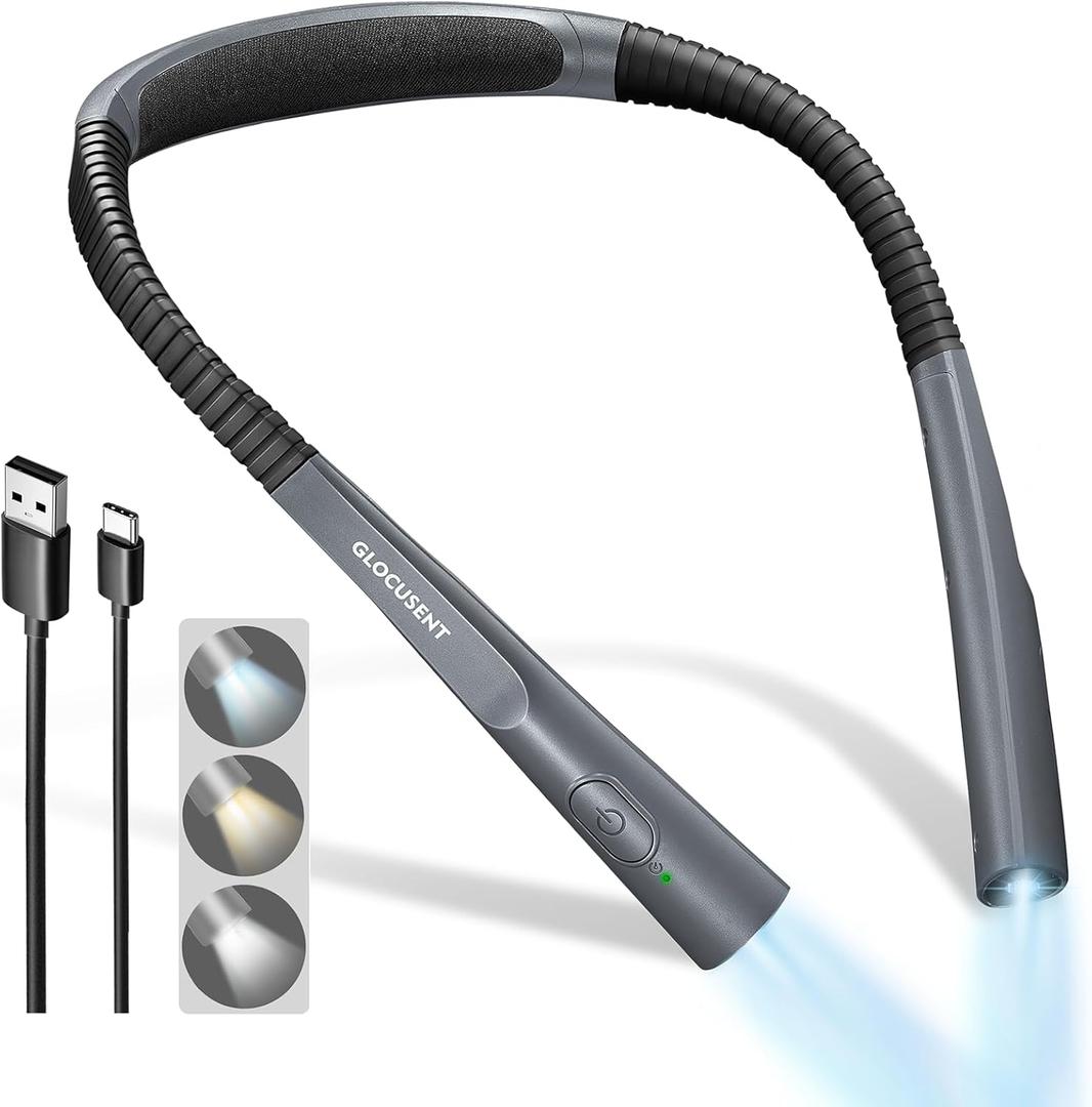 Glocusent Upgraded LED Neck Reading Light, Book Light for Reading in Bed, 30-min Timer, 3 Colors & 3 Brightness Adjustable, Rechargeable & Long Lasting, Perfect for Reading, Knitting (Slim-Medium, Posh Gray)