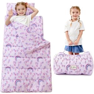 Toddler Nap Mat for Preschool 50''x30'' Sleeping Mat with Removable Pillow and Minky Blanket for Kids Ages 3-7 Roll Up Soft Sleeping Bag for Boys Girls Kindergarten Daycare Sleepover