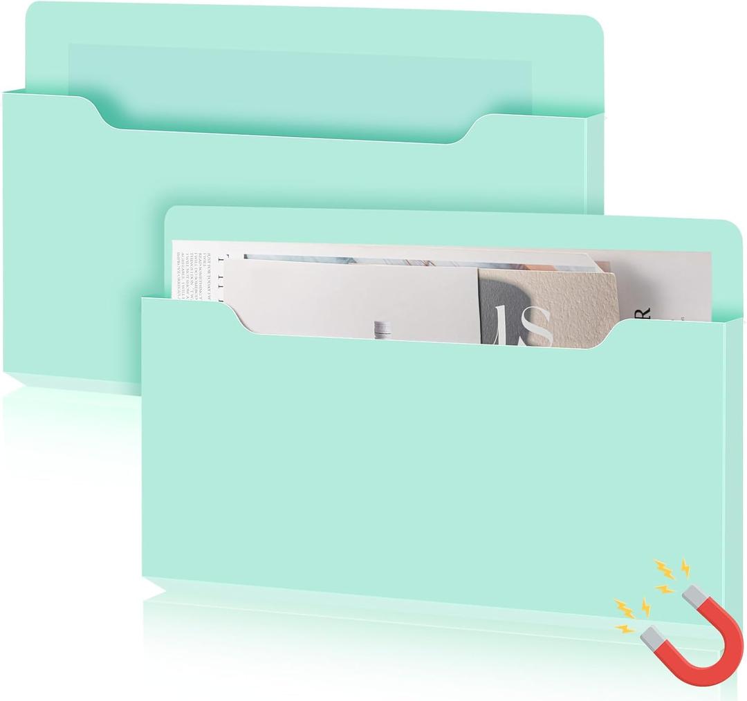 Feifeiya 2 Pcs Magnetic File Folder Wall Hanging Holder Large Pocket Paper Magazine Mail Organizer for Refrigerator Classroom Locker Whiteboard(Horizontal,Mint Green,13.8 x 8.3 Inches)
