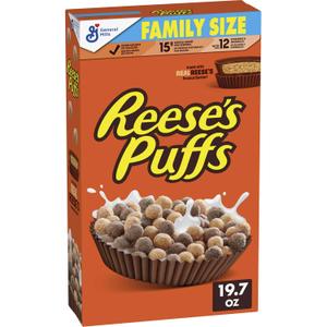 Reese's Puffs Chocolatey Peanut Butter Kids Cereal, Family Size, 19.7 oz (EXP 05/24/27)