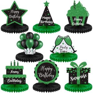 Yexiya 8 Pcs Black and Green Birthday Centerpiece Table Decoration, Happy Birthday Honeycomb Centerpieces Honeycomb Table Toppers for Men Women Party Supplies