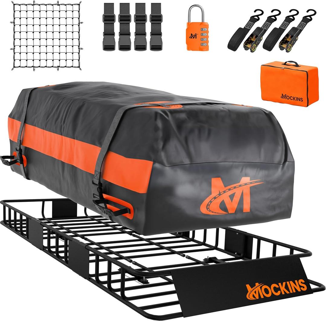 Mockins 64"x39"x6" Steel Roof Rack Cargo Carrier for Top of Vehicle & 20 CuFt Waterproof Rooftop Cargo Bag | 250 Lbs. Capacity Extendable Car Rooftop Cargo Carrier with Car Top Carrier Accessories
