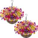 2 Sets Artificial Hanging Plants Flowers Basket Outdoor, Fake Hanging Plants 24 Pcs Flowers for Porch Patio Garden Home Decor for Mothers Day Memorial Day Spring Summer (Red, Purple, Yellow, Rose Red)