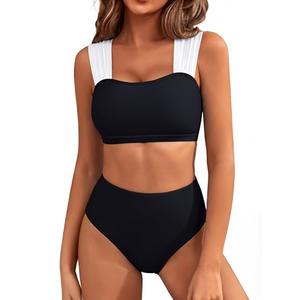 Blooming Jelly Womens High Waisted Bikini Color Block Tummy Control Swimsuits Shapewear Sporty Supportive Bathing Suit (L, Black)
