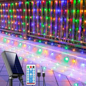 21ft x 5ft Solar Net Lights Outdoor, Solar & USB 2 Power Way 360 LED Waterproof Mesh Lights for Bushes, Remote Control 8 Modes String Light Trees Patio Garden Christmas Indoor Decor (Multicolor)