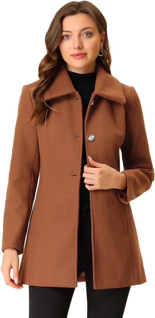 Allegra K Women's Single Breasted Turndown Collar Overcoat Vintage Winter Dress Coat with Pockets (Brown)
