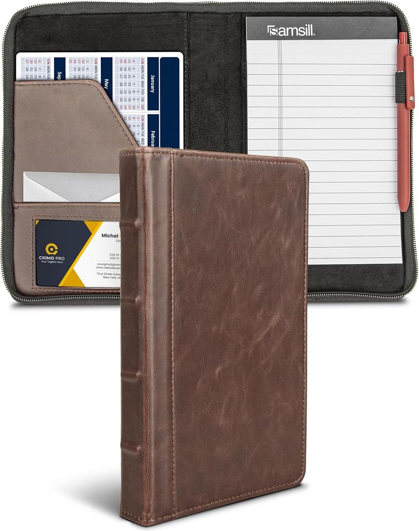 Samsill Small Vintage Portfolio/Zipper Faux Leather Portfolio, Book Style Hardback Design, Business & Interview Padfolio Organizer, Holds 5 x 8 Writing Pad, Dark Brown