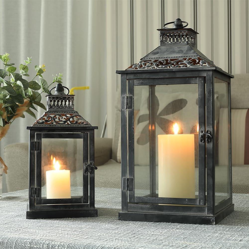JHY DESIGN Set of 2 Antique Grey Brush Decorative Lanterns Metal Candle Lanterns for Indoor Outdoor Events Paritie and Weddings Vintage Style Hanging Lantern(with Glass)