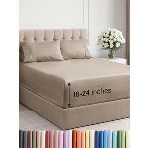 Extra Deep Pocket Queen Sheet Set - 4 Piece Breathable & Cooling Bed Sheets - Hotel Luxury Sheet Set - Soft, Wrinkle Free and Comfy - Fits Extra Deep Mattresses - Deep Pocket Heathered Beige Sheets