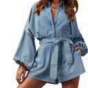 Lantern Long Sleeve Denim Romper for Women Elastic Waist Tie Front Short Jean Jumpsuit without Pocket (Medium, Light Blue)