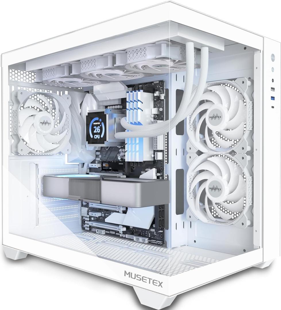 MUSETEX ATX PC Case, 360MM RAD Support, 3 x 120mm Non-ARGB Fans Pre-Installed, 270 Full View Tempered Glass Gaming PC Case with Type-C, Mid Tower ATX Computer Case, White, Y6