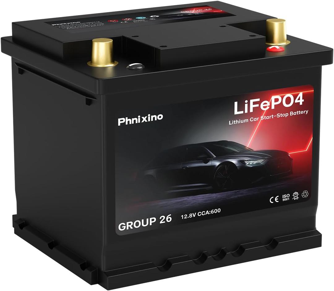 Lithium Car Battery 12V Group 26 Start and Stop, 512WH 600CCA LiFePO4 Automotive Battery For Car, Dimensions 8.14" L x 6.88" W x 7.08" H