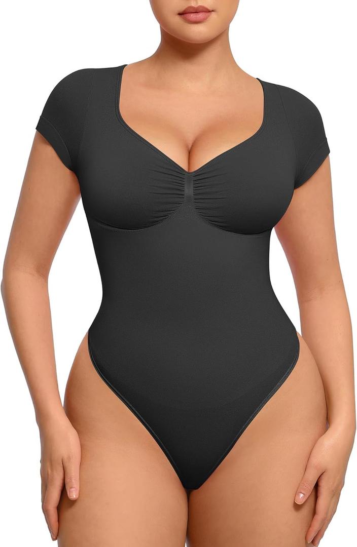 FeelinGirl Short Sleeve Bodysuit for Women V Neck Tummy Control Shapewear Seamless Thong Body Suits Tops (X-Small, Black)