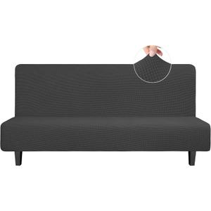 Easy-Going Stretch Futon Slipcover Armless Futon Bed Cover Furniture Protector Without Armrests with Elastic Bottom for Kids, Soft Jacquard Fabric Small Checks (Large, Dark Gray)