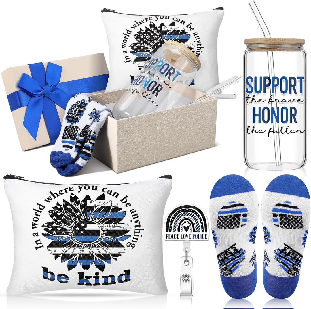 Skylety 5 Pcs Police Gift for Women Men Police Officer Gifts 16oz Glass Cup Socks Bag Badge Reel Present Box Policewomen Academy Graduation Gift for Birthday Retirement Law Enforcement
