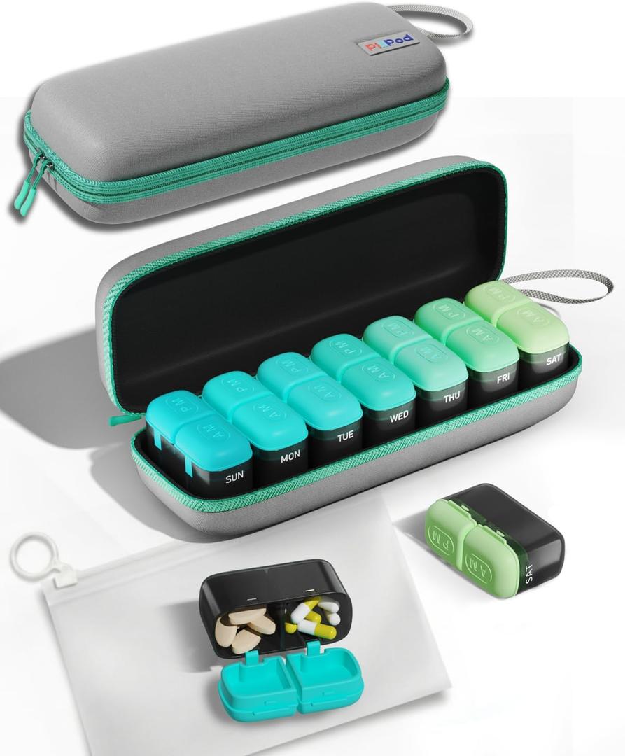 Weekly Pill Organizer, 7 Day Travel Medicine Pill case with Moisture-Proof Silicone Lid, Large AM PM Daily Pill Organizer 2 Times a Day for Vitamins & Supplements, Secure Zipper Pill Box(Green)
