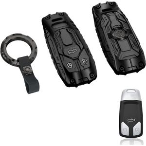 for Audi Key Fob Cover with Round Leather Keychain Heavy Metal Key Cover Durable Zinc Alloy Car Key Protection Case Compatible with Audi Q5 Q7 A3 A6 A4 TT SQ5 R8 S5 Accessories