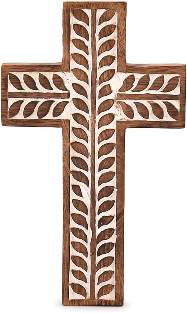 NIRMAN Mango Wood Religious Catholic Cross Wall Hanging Floral Carvings Living Room Home Dcor for Entryway Office Living Room (10" x 6" x 0.75")