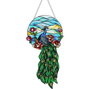 Peacock Suncatcher Stained Glass, Peacock Art Glass Suncatcher Hanging, Bird Suncatcher for Patio/Mom/Window (Green)