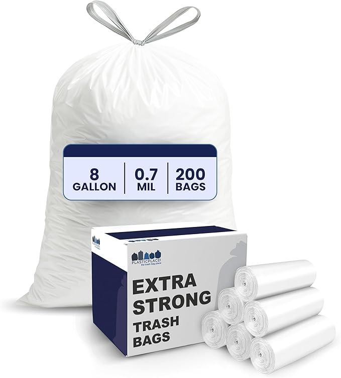 Plasticplace 8 Gallon Trash Bags White Drawstring Garbage Can Liners  200 Count  LeakResistant and TearProof for Kitchen, Bathroom, Office, and Small Trash Cans 0.7 Mil