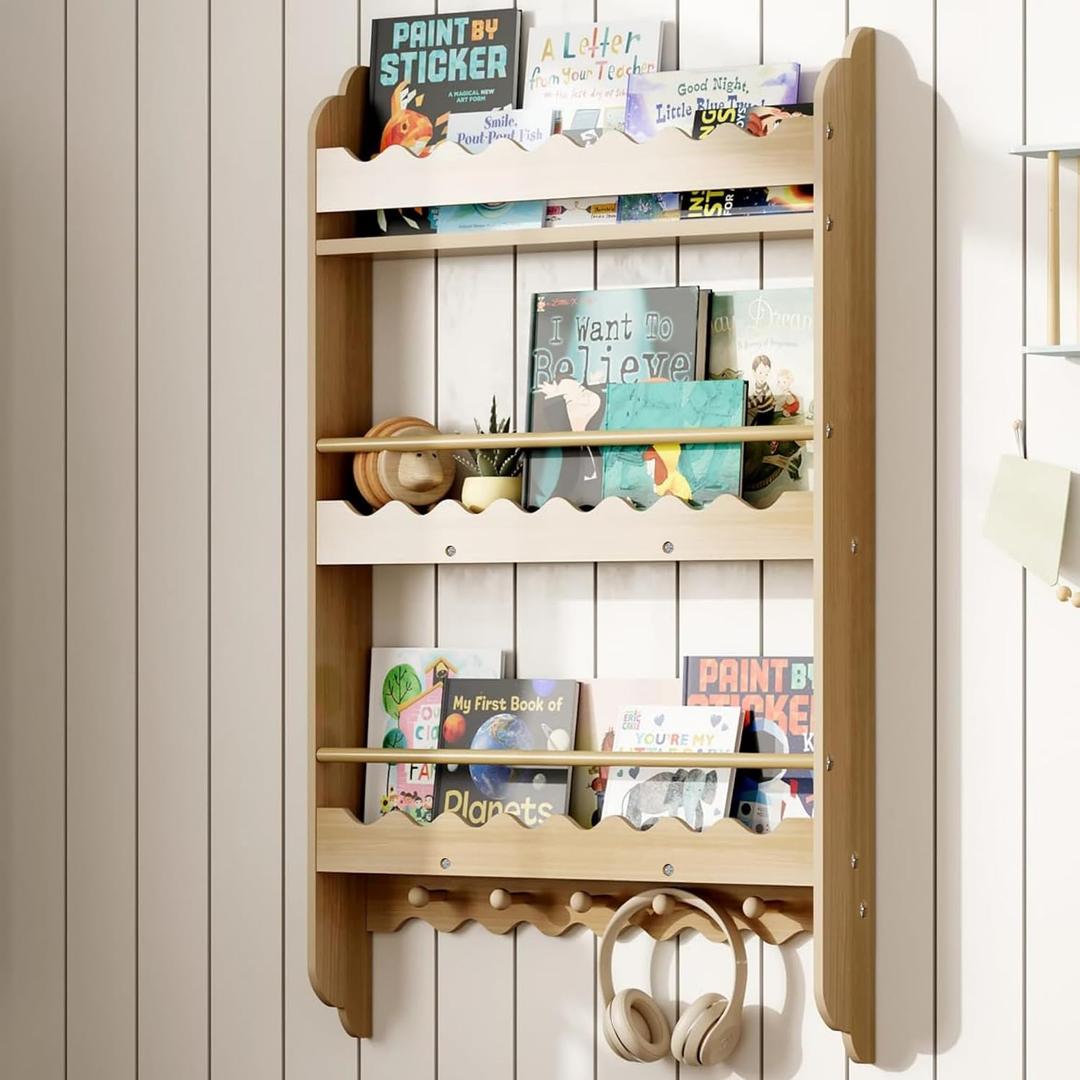 Treocho Kids Bookshelf, 3-Tier Wall Mounted Book Shelf, Kids Bookshelf and Toy Storage for Living Room, Bedroom and Nursery, Natural, 23.62" W x 3.94" L x 39.37" H