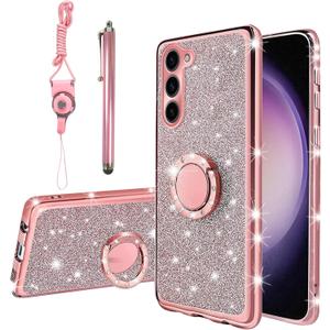KuDiNi for Samsung Galaxy S23 Case, S23 Phone Case 6.1" for Women Girls Glitter Crystal Soft Clear TPU Luxury Bling Cute Protective Cover with Kickstand Strap for Samsung Galaxy s23 (Glitter Rose)