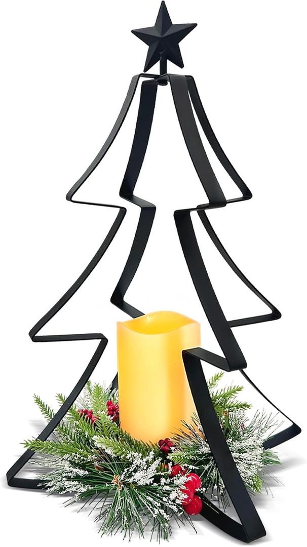 Christmas Table Centerpiece Decorations, Metal Christmas Tree Candle Holder with Battery Operated Candle Light Artificial Red Berries Pinecones Xmas Decor for Home Farmhouse Party