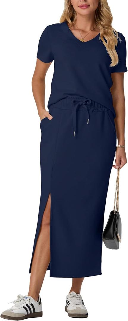 GRECERELLE Women Summer Casual 2 Piece Sets V-Neck Wrinkle-Free Top & Elastic Waist Midi Side Slit Skirt with Pockets (Black, S)