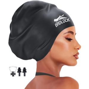 Extra Large Swim Cap for Braids and Dreadlocks Swimming Cap for Women Long Hair Braids Dreads Locs Thick Curly Hair Waterproof Silicone Swim Caps Keep Your Hair Dry (Black)