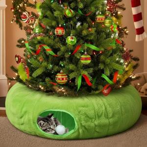 Soulchen Christmas Cat Tunnel Bed 3ft x 3ft x 9.8in Under Christmas Tree for Indoor Soft Plush Cave Large Donut Tunnel with Soft Mat 3-in-1 for Kitty Rabbit Ferret Puppy (Furry Green)
