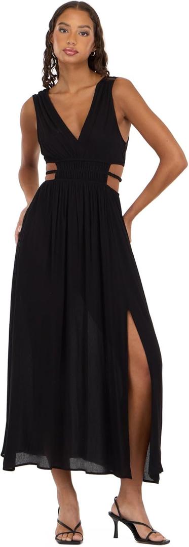 Forever 21 Women's Sleeveless Plunging V-Neck Maxi Dress with 2 Elastic Cutouts at the Side and Side Slit, Black, M (Black, M)