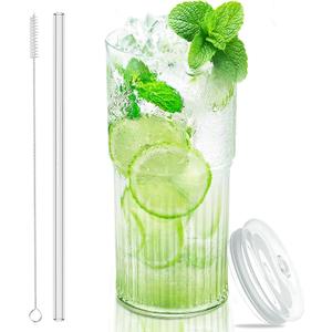 Luiaiog Glass Cups with Lids and Glass Straws, High Borosilicate 20OZ Tumblers for Coffee, Tea, Juice, Smoothies, Hot/Cold Drinks at Home, Office