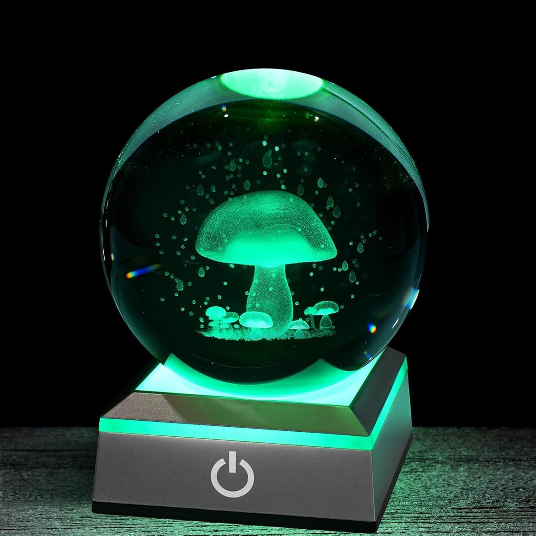 3D Mushroom Crystal Night Light with Multicolor LED Base Glass Laser Engraved Mushroom Figurines Gifts for Boys Girls Lovers Birthday Christmas Room Decor