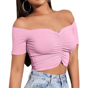 LYANER Women's Off Shoulder Ruched Short Sleeve Rib Knit Sexy Crop Top Blouse (Pink, XS)