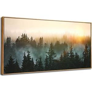 Living Room Wall Art Sunrise Misty Forest 24"x48" Modern Home Wall Decor Plants Wall Decorations Framed Artwork for Bedroom Dining Room Office Hotel