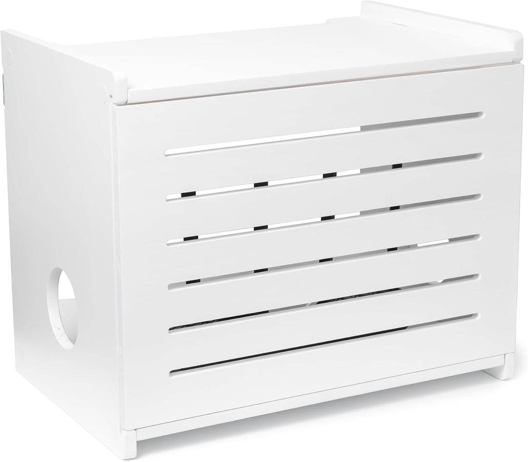 Wooden WiFi Router Storage Box - Deluxe Wall Mountable Decorative Modem Shelf Hider Cover with Cable Management System - Rustic Home Organization Solution for Most Routers Up to 11" Tall - White