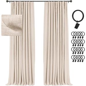 INOVADAY 100% Blackout Curtains for Bedroom, Black Out Curtains 108 Inch Long, Clip Rings Linen Blackout Drapes, Thermal Insulated Room Darkening for Living Room, 2 Panels - Beachsand, (50"W x 108"L (Pack of 2))
