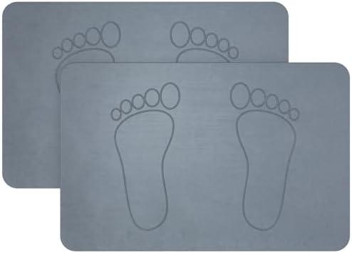 XWF 2 Pack Stone Bath Mats for Bathroom,24 x 16 inch Super Absorbent Bathroom Stone Mat,Diatomaceous Earth Shower Mat, Non-Slip, Quick Drying, Easy to Clean Hardstone Bathmat Grey Footprint Design
